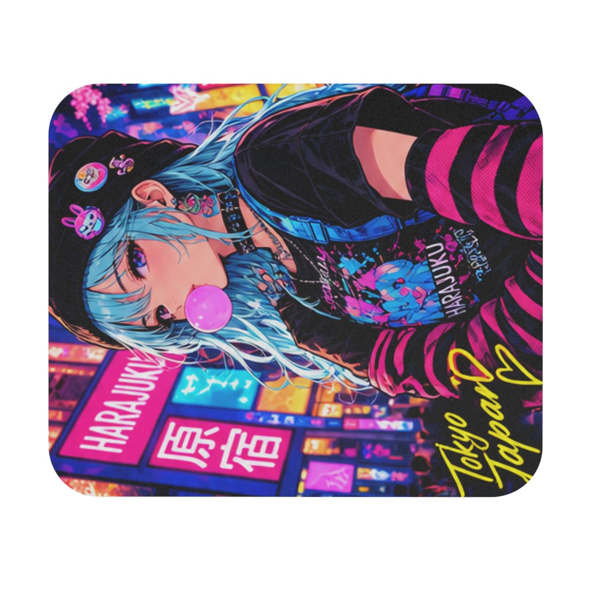 Harajuku Style 4 Neon City Anime Girl Mouse Pad — Retro Tokyo Anime Desk Mat