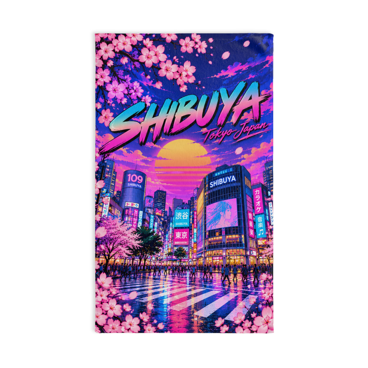 Shibuya Sky 0 City Pop Neon Sunset Hand Towel — Retro Sakura Tokyo Design