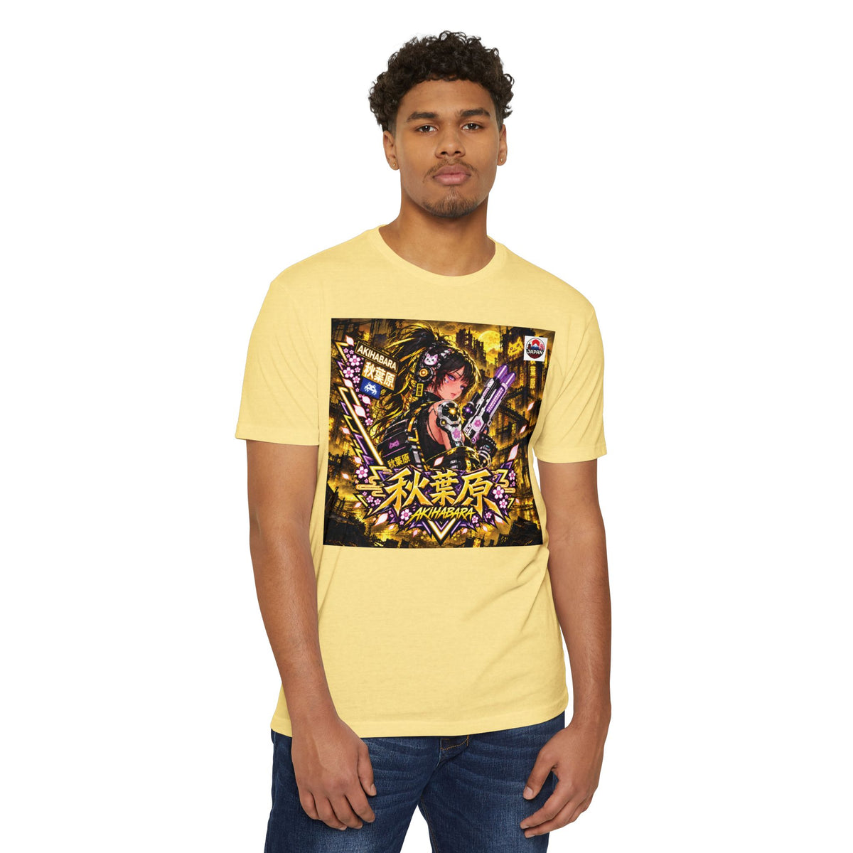 Anime Cyberpunk T‑Shirt —Yellow Akihabara Neon Girl Graphic