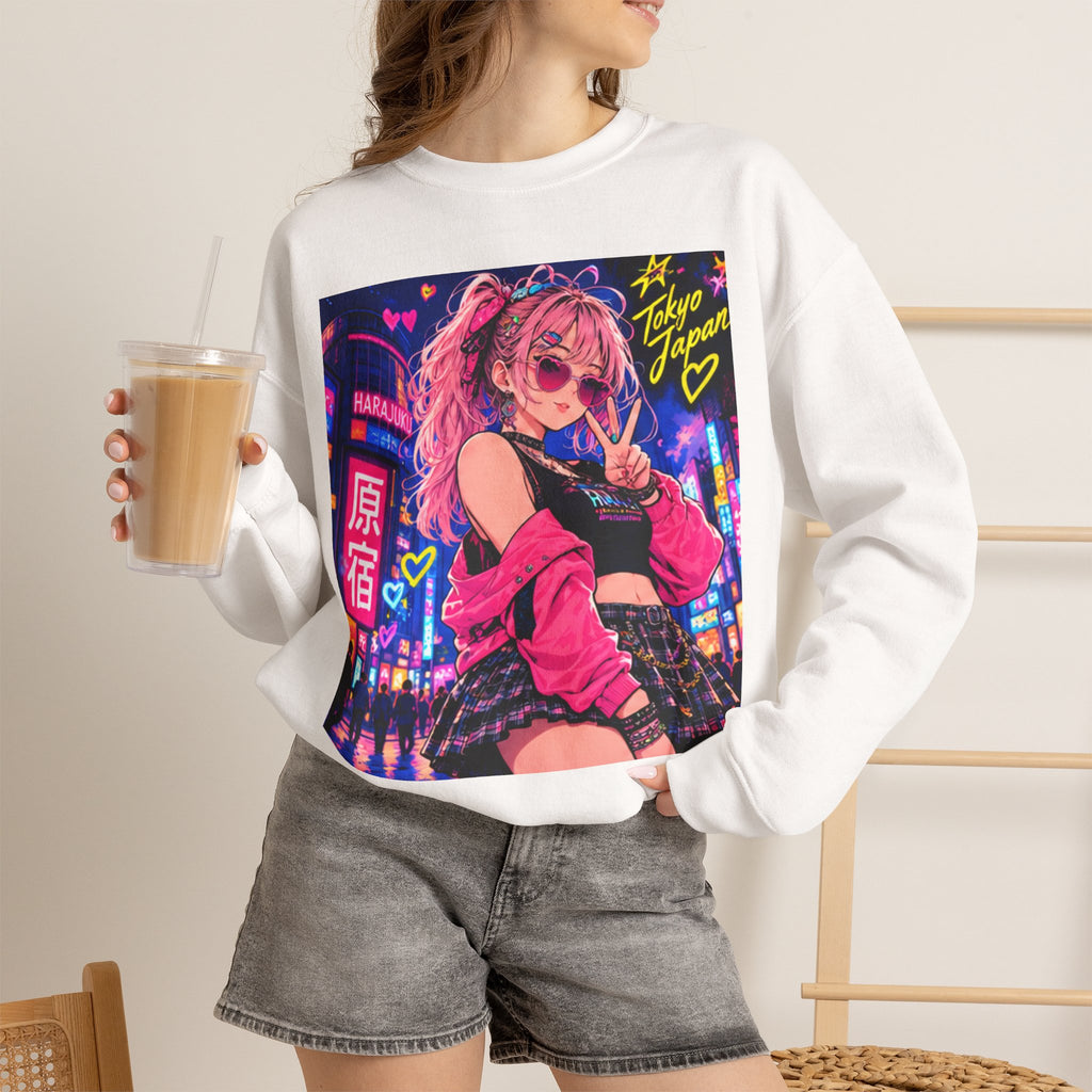 Harajuku Style 6 Neon City Anime Girl Crewneck Sweatshirt — Tokyo Street Anime Graphic
