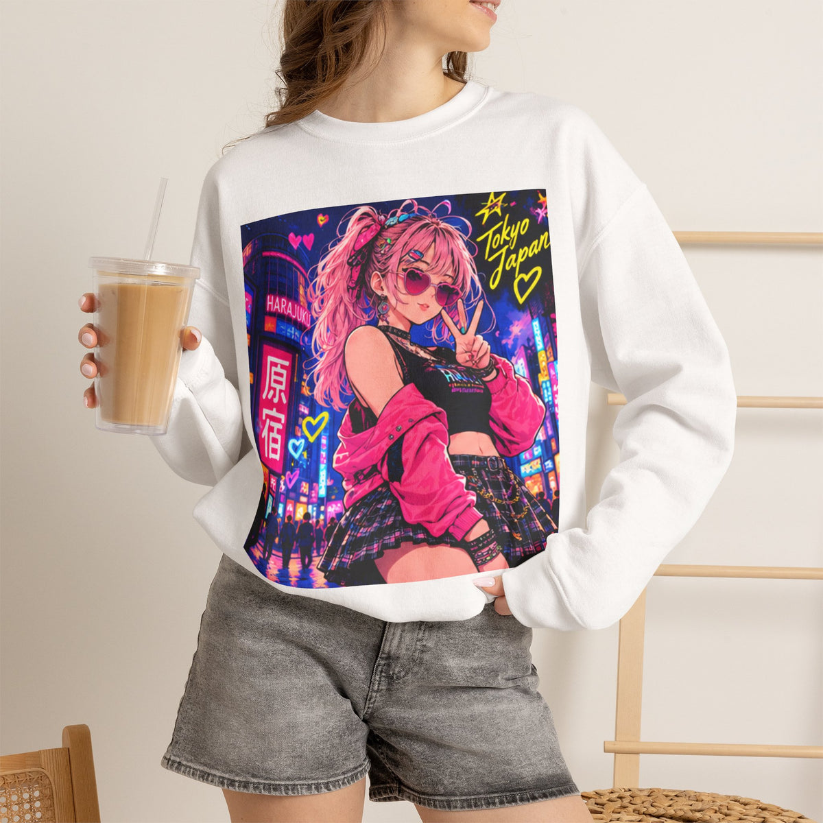 Harajuku Style 6 Neon City Anime Girl Crewneck Sweatshirt — Tokyo Street Anime Graphic