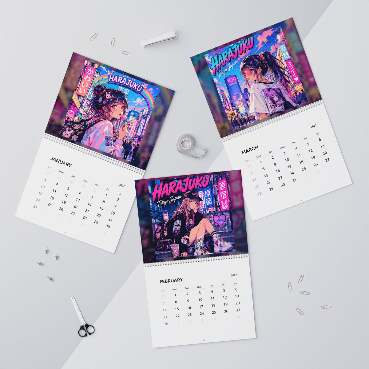Harajuku Style Anime Girl Wall Calendar 2027 – Neon Kawaii City Scenes