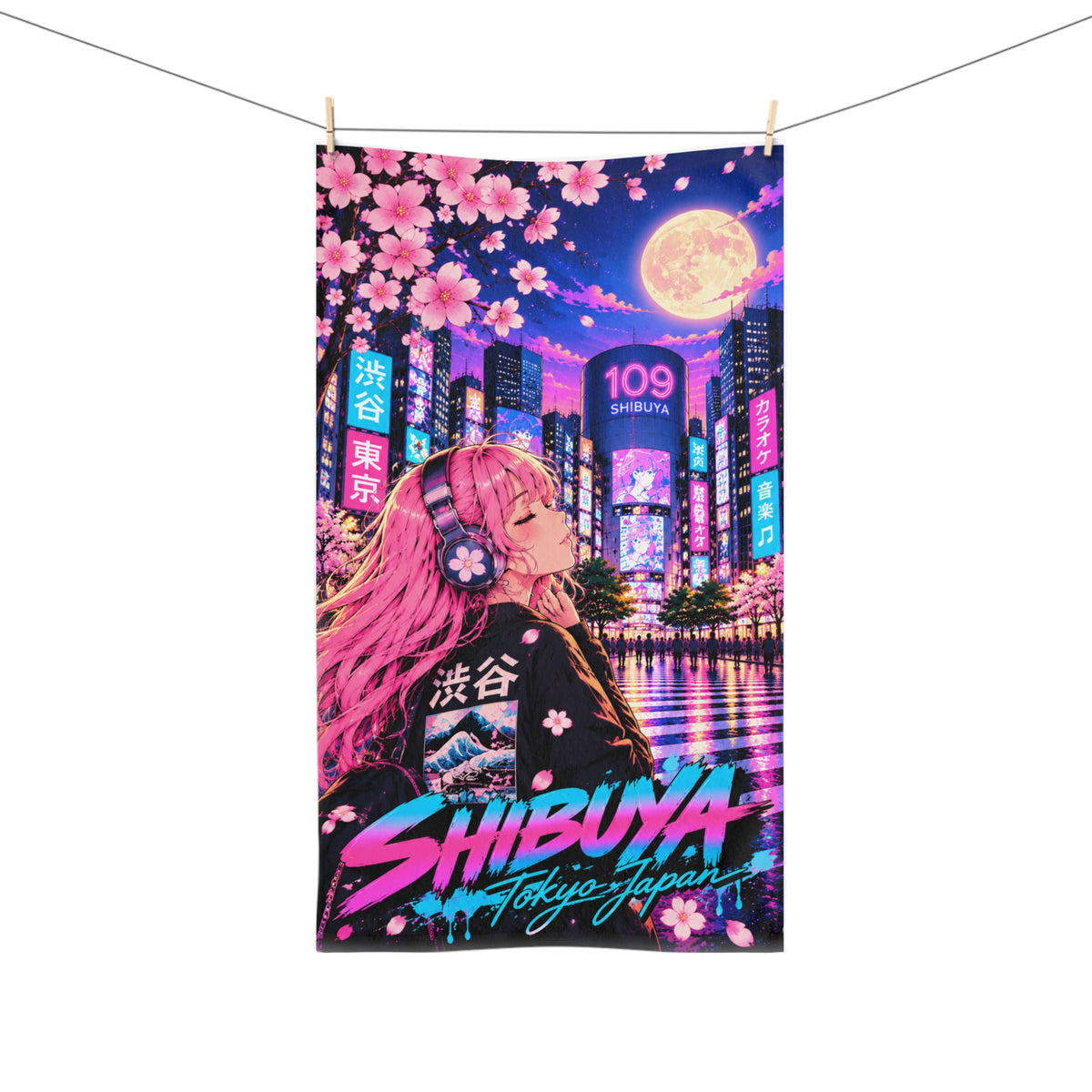 Shibuya Sky 2 City Pop Neon Sunset Hand Towel — Retro Sakura Tokyo Design