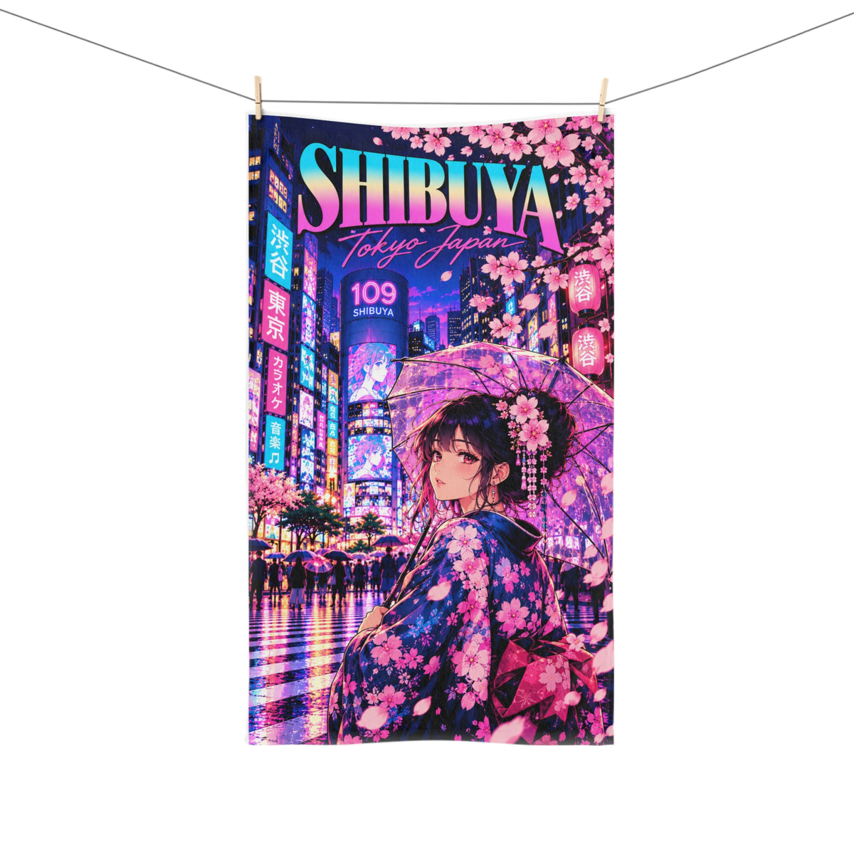 Shibuya Sky 4 City Pop Neon Sunset Hand Towel — Retro Sakura Tokyo Design