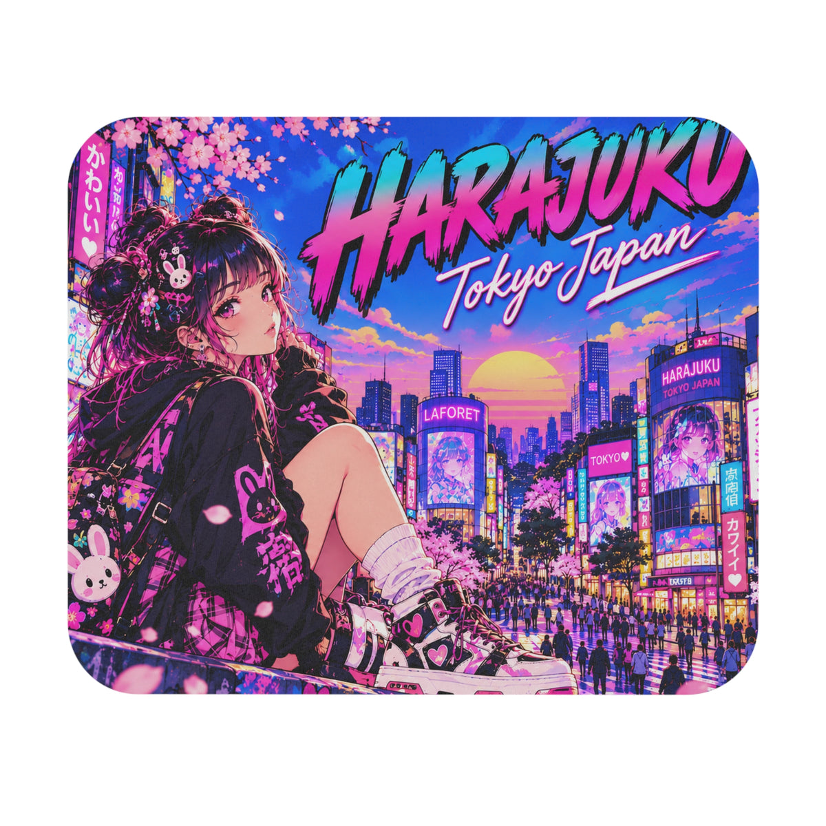 Harajuku Style 13 Neon City Anime Girl Mouse Pad — Retro Tokyo Anime Desk Mat