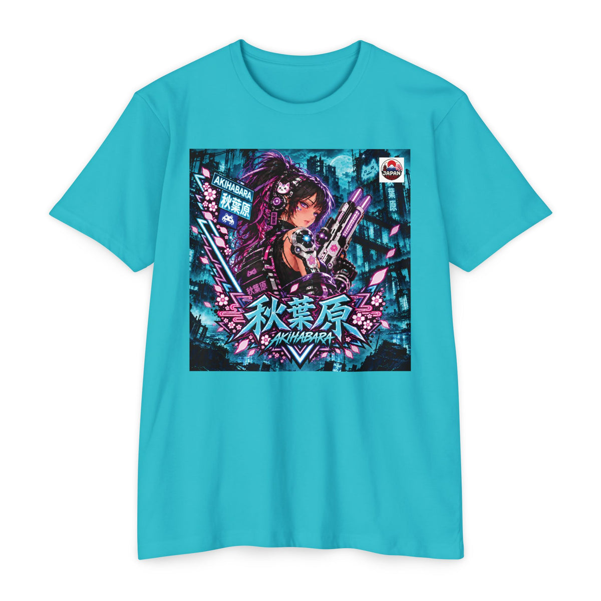 Akihabara Ciberpunk Sniper Girl Anime  T‑Shirt —Teal Akihabara Neon City Graphic