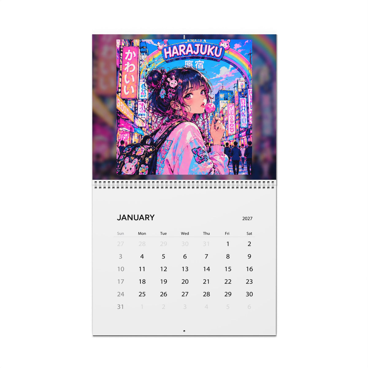 Harajuku Style Anime Girl Wall Calendar 2027 – Neon Kawaii City Scenes