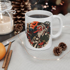 Tengu Mask Halloween inspired Illustration Mug | Japanese Folklore, Maple Leaves, Vintage Crest