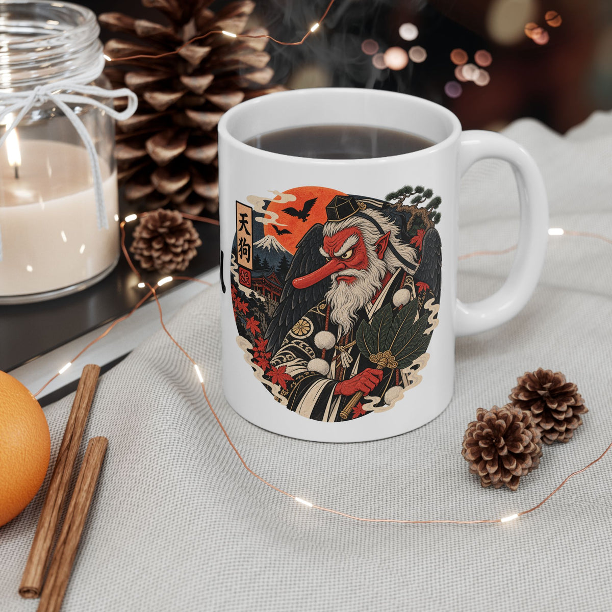 Tengu Mask Halloween inspired Illustration Mug | Japanese Folklore, Maple Leaves, Vintage Crest