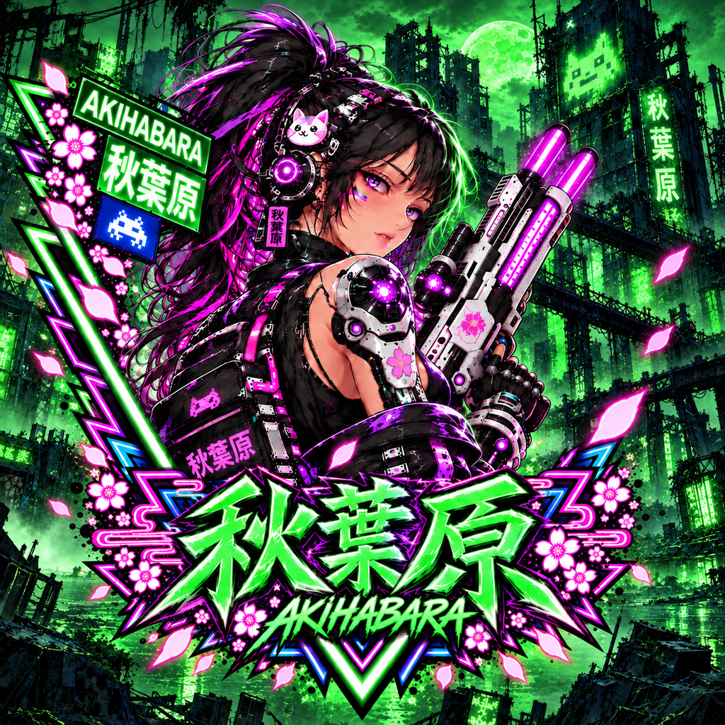 Akihabara Cyberpunk Sniper Girl T‑Shirt —Green Akihabara Neon City Graphic